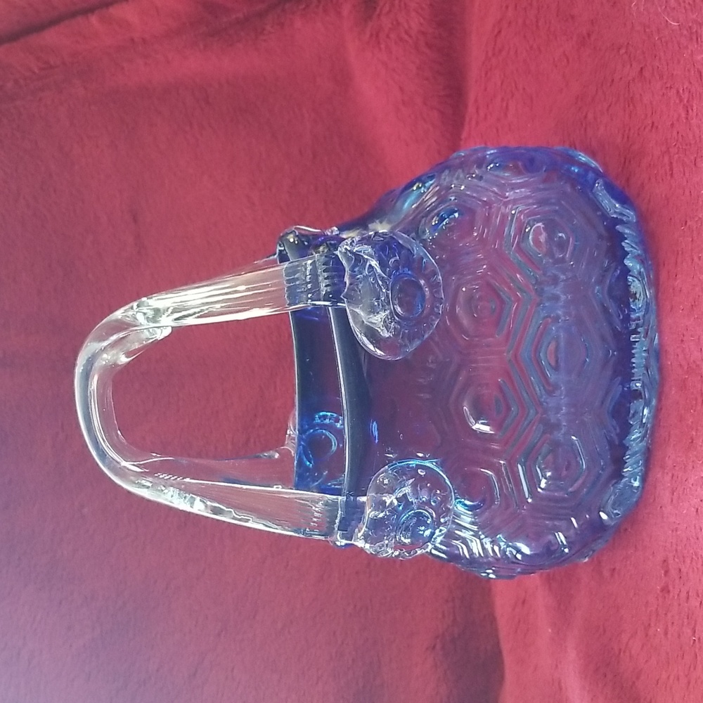 HANDMADE VINTAGE BLUE GLASS PURSE WITH CLEAR RIBBON LIKE HANDLES